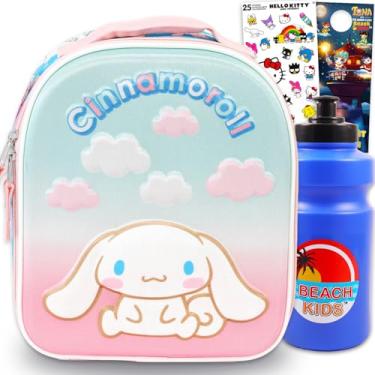 Imagem de Conjunto de lancheira Cinnamoroll para meninas – Pacote com adesivos Sanrio Lunchbox Plus, garrafa de água, mais | Lancheira Cinnamoroll para escola