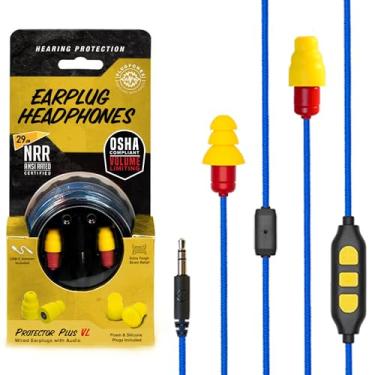 Imagem de Protetor de plugue de ouvido Plugfones Plus VL intra-auricular, fones de ouvido com redução de ruído com microfone isolante e controles, azul e amarelo