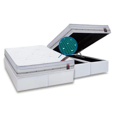 Imagem de Cama Box Baú Queen: Colchão Magnético Castor Pocket Gold Star + Base CRC Courano White (158x198)