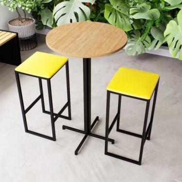 Imagem de Conjunto Mesa Alta Bar Bistrô Redonda Pinus 2 Bancos Estofado Industri