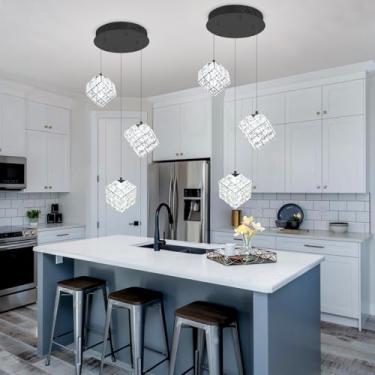 Imagem de 3 luzes pendentes luz para cozinha lsland lustres sala de jantar, luminária de entrada quadrada pendurada altura ajustável lustres de cristal preto para quarto corredor hall de entrada