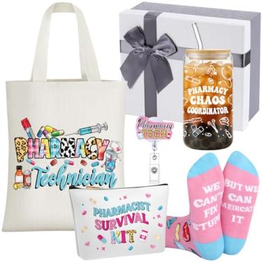 Imagem de Mimorou Conjunto de 6 peças de presentes de farmacêutico para mulheres, bolsas de lona, bolsas de maquiagem, copo de vidro de 473 ml, carretel de crachá, meias inovadoras, presentes exclusivos para