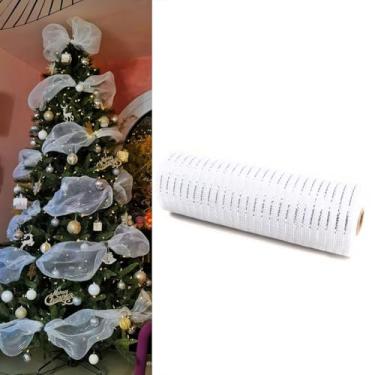 Imagem de Fita de malha metálica prateada, 25,4 cm x 7,6 m (10 jardas) rolos de tule de Natal com glitter para árvore de Natal, embrulho de presente, suprimentos para fazer grinaldas, casamento, malha de