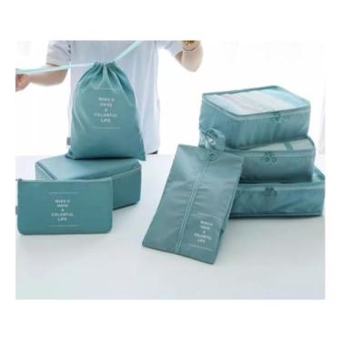 Imagem de Kit Organizador de Malas de Viagem, 7 Peças, Conjunto com Bolsas e Necessaires, Sapatos Maquiagem Roupas Bagagem Organizada (Azul)