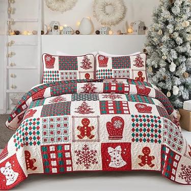 Imagem de Conjunto de colcha de Natal, Queen, 3 peças reversíveis para árvore de Natal, boneco de neve, estampa de floco de neve, colcha de cama xadrez de Natal com 2 fronhas 244 x 228 cm