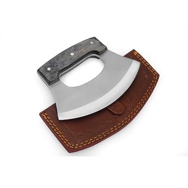 Imagem de WARIVO KNIFE Faca Ulu artesanal com bainha, faca de desossar de lâmina fixa de 12,7 cm para caça, açougue, fatiar, cortar, acampar, ao ar livre, cozinha (cabo de madeira)