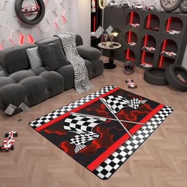 Imagem de Castle Fairy Tapete de carro de corrida para meninos, 1,5 x 1,80 m, preto e branco, decoração de bandeira de corrida, tapete para quarto, sala de jogos, cabeceira, hexágono, favo de mel, decorativo