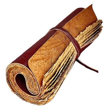 Imagem de Diário de rolagem de couro feito à mão - 100 páginas de papel rústico sem forro estilo vintage - Livro de sombras 24 x 15 cm, Grimório, presentes de fantasia, caderno de desenho antigo (marrom avermelhado com papel vintage)