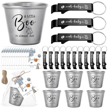 Imagem de Vesici 25 conjuntos de lembrancinhas de chá de bebê para meninas e meninos 42,5 g copos de shot de aço inoxidável fofos chaveiros abridores de garrafas etiquetas de agradecimento sacos de gênero