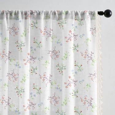 Imagem de Cortinas florais de fazenda para sala de estar 213 cm de comprimento Cortina com estampa de flor de linho com bolso para varão, cortinas de quarto com borla, 2 painéis