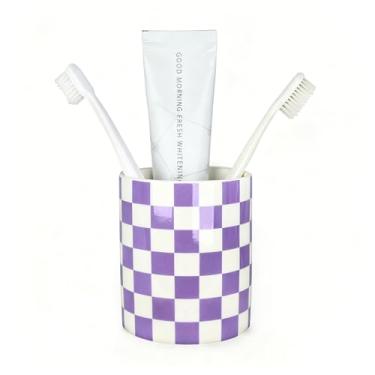 Imagem de Suporte de escova de dentes para banheiro, suportes de escova de dentes de bancada para banheiros, copos modernos e bonitos de lavanda, roxo e branco, escova de dentes de cerâmica e dispensador de