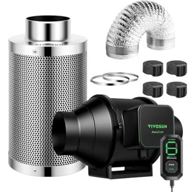 Imagem de VIVOSUN Kit Smart Air Filtration S4 de 4 polegadas, ventilador de duto em linha AeroZesh S4 com controlador de velocidade E12, filtro de carbono e dutos de 2,3 m, sistema de resfriamento e ventilação