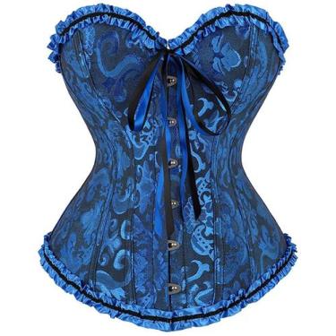 Imagem de Espartilho feminino ADELCE com cadarço, desossado, floral, preto, azul
