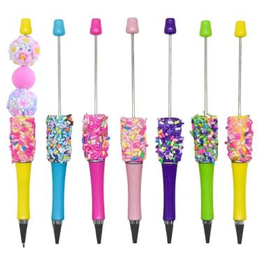 Imagem de Lopenle Pacote com 12 canetas de gel coloridas com contas de doces, canetas com contas, kit de canetas de contas a granel, tinta preta lisa, canetas decorativas divertidas para escrever anotações na