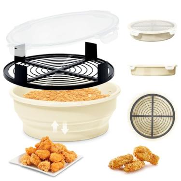 Imagem de FJNATINH Tigela de massa dobrável – Melhor coqueteleira sem bagunça com tampa – Ótimo para peixe frito, frango frito, anéis de cebola, asas, sem vazamento, fácil de armazenar, branco creme