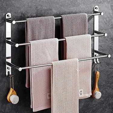 Imagem de Toalheiro cromado de 3 camadas com ganchos 40-60 cm de aço inoxidável suporte de toalha de parede retrátil para cozinha, banheiro, hotel, escritório (prata) (40 cm) (60 cm)