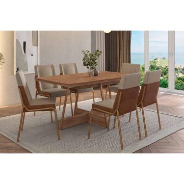 Imagem de Sala de Jantar Completa 1547 Aço c/ Tampo Madeirado 160x90cm e 6 Cadeiras Hug Rose/Freijo - Rose/Areia - Caramelo - Carraro