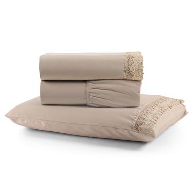 Imagem de Jogo Cama Lençol Haia Solteiro Percal 200 Fios 100% Algodão Guipir Bordado Inglês 3 Peças - Avelã