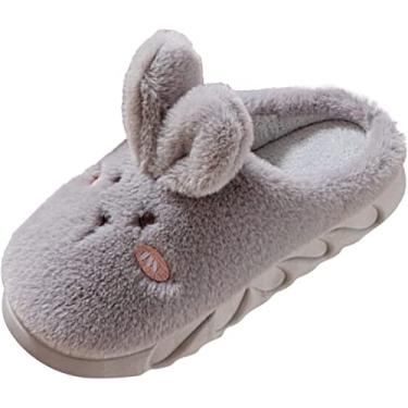 Imagem de Pantufas femininas abertas de coelho fofas para casa quente, Cinza, 4.5