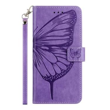 Imagem de Capa carteira para Google Pixel 9 Pro XL, capa flip de couro de borboleta e flor em relevo com suporte para cartão, com alça de pulso capa protetora para iPhone 16 (roxo claro)