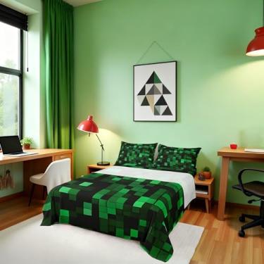 Imagem de Jogo de cama solteiro Pixelated Miners Gamer, estampa geométrica, videogame, quadriculado, camuflado, para decoração de quarto de meninos e meninas, lençol verde preto (com elástico + 1 fronha)