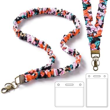 Imagem de Cordão Scrunchie com porta-crachás de identificação para mulheres, cordões elásticos para professores, cordão de pescoço fofo para chaves (flores coloridas)