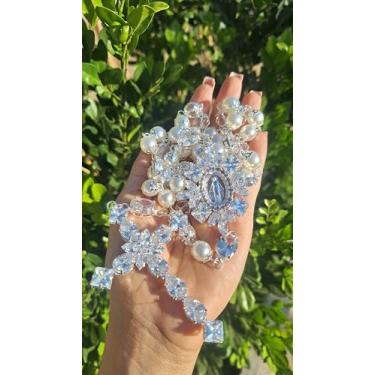 Imagem de Terço de Noiva Luxuoso com Zircônias, Pérolas e Cristais, Banho de Prata, Nossa Senhora das Graças