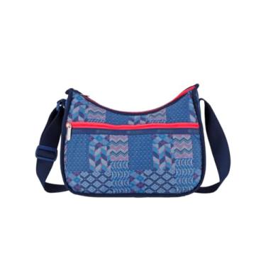 Imagem de LeSportsac Bolsa tiracolo clássica Hobo de malha patchwork + bolsa de cosméticos, estilo 7520/cor E949, tons harmoniosos de azul, fúcsia e branco em motivos interpretativos variados de patchwork