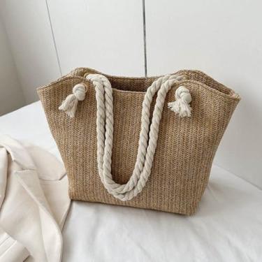 Imagem de Bolsas de praia para mulheres, bolsas de ombro de tecido, bolsa de palha grande para férias de verão, Caqui, 15.75 x 9.9 x 4.1 inches, Palha