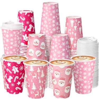 Imagem de Potchen 100 peças de copos de café descartáveis de Natal com tampas 340 g copos de papel de Natal rosa lembrancinhas de bebida suprimentos de festa de fim de ano para suco, café, bebidas quentes e