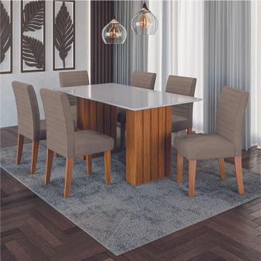 Imagem de Conjunto De Mesa Sala De Jantar Ripada Tampo Com Vidro Santiago 1,60m 6 Cadeiras Creta Dobuê Madeirado Mascavo