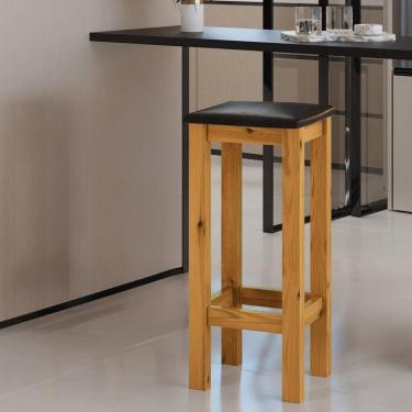 Imagem de Banqueta De Madeira Maciça Alta Assento Estofado Corano Preto