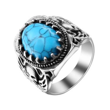 Imagem de Aroncent Anel de caveira turquesa de aço inoxidável vintage: joia gótica de asa de águia de motociclista - Tamanho 8-13, Olho de tigre, Olho de Tigre