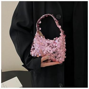 Imagem de Bolsa tiracolo de lantejoulas nas axilas – Bolsa de ombro brilhante moderna para mulheres com fecho de zíper, rosa, 7.1" × 5.1" × 1.6"