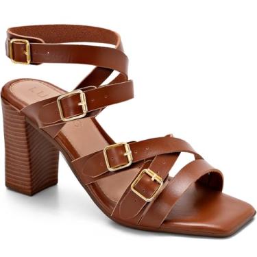 Imagem de Sandália Feminina Lumiss Salto Alto Bloco Bico Quadrado Fivelas Douradas caramelo40