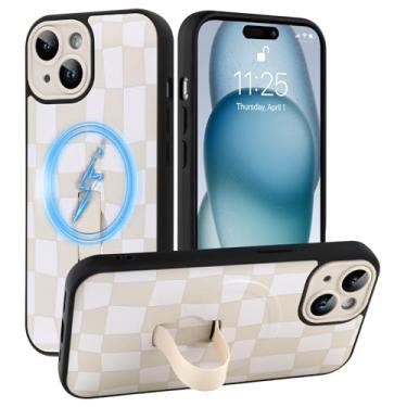 Imagem de SOKAD Capa quadriculada magnética para iPhone 15 com suporte de alça de dedo, compatível com Magsafe, lindo tabuleiro de xadrez projetado para mulheres e homens, capa de proteção completa para câmera
