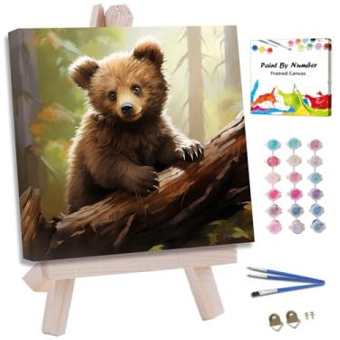 Imagem de JUJUHOOD Kit de pintura emoldurada de urso fofo por números para adultos iniciantes e crianças de 8 a 12 anos, pintura animal por número sem cavalete, tinta acílica por números para decoração de
