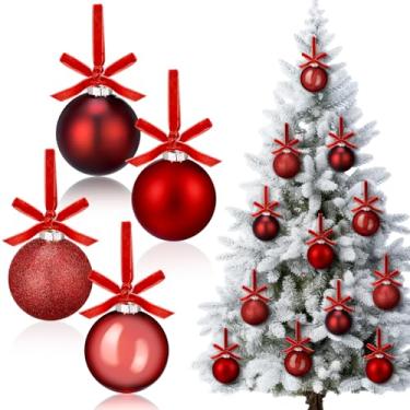 Imagem de LemonRoad 12 peças de enfeites de bola de Natal de vidro vermelho vinho com laços, enfeites de lâmpadas penduradas de 8 cm para árvore de Natal, bolas vintage neutras para guirlanda de Natal