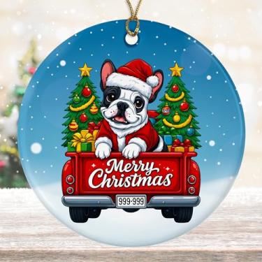 Imagem de DamienBrightGift Enfeite de Natal de Papai Noel Buldogue Francês - Caminhão vermelho de cerâmica com decoração de árvore - Presente de lembrança de feriado de cachorro francês fofo - Decoração de