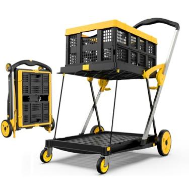 Imagem de TOLRET Carrinho de compras dobrável com rodas, carrinho de compras com capacidade de 90 kg sobre rodas com caixa de armazenamento, carrinho de mão de plataforma com freio de pé, amarelo