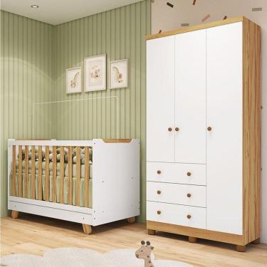 Imagem de Quarto de Bebê com Guarda-roupa 3 Portas e Berço 4 em 1 Minicama 100% Mdf Mike Espresso Móveis Branco Brilho/Amêndoa
