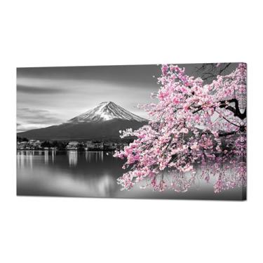 Imagem de YeiLnm Decoração de parede de flor de cerejeira pintura a óleo de templo japonês Fuji arte de parede rosa branco e preto 50,8 cm x 91,4 cm