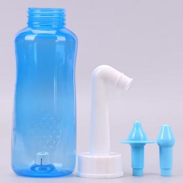 Imagem de Higienizador Nasal Caseiro, Lavador de Nariz Duplo Bico, Plástico Azul, 300ml, com Bicos Adulto e Infantil, Válvula de Controle de Pressão