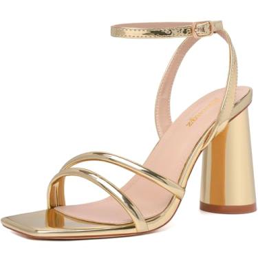 Imagem de RIBONGZ Sandálias femininas de salto alto quadradas grossas de salto alto com tiras de salto alto com tiras no tornozelo, sapatos de noiva de casamento e salto alto para vestido de festa, Dourado, 37