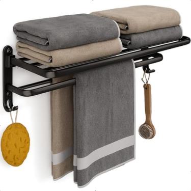 Imagem de Suporte Porta Toalha toalheiro Duplo para banheiro Dobrável em Aço Carbono Inoxidável Impermeável Sem Furar aço inox ventosa Multiuso Acabamento Moderno Resistente Preto Fosco Premium Essor Lab