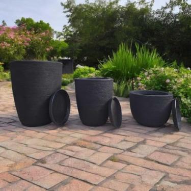 Imagem de Kit 3 Vasos em Polietileno Escovado - Vasos Decorativos para Plantas com 3 Tamanhos e Pratos(Preto)