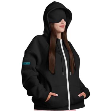 Imagem de predolo Moletom feminino para viagem com máscara de dormir embutida, moderno e com bolsos, Preto