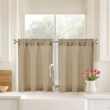 Imagem de Ebesto Camel Farmhouse Cortinas de cozinha camadas 76 cm comprimento conjunto de 2 painéis, cortinas de linho sintético de tecido macio para acampamento de porão de banheiro de meia janela pequena