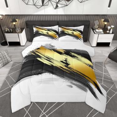 Imagem de Feelyou Conjunto de cama preto dourado macio para meninos e meninas, arte abstrata moderna, tamanho queen, edredom geométrico, microfibra para decoração de quarto, 3 peças com 2 fronhas