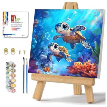 Imagem de Yunruily Kit de pintura por números com moldura – Kit de pintura por números de tartarugas marinhas para crianças, kits de pintura por números de 8 a 12 anos com cavalete de madeira para decoração de